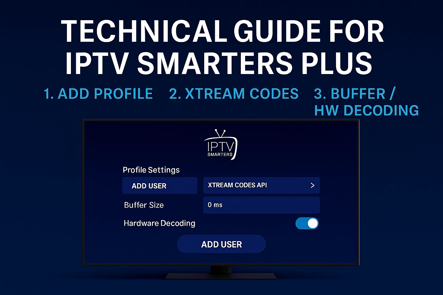 Technical guide for IPTV Smarters Plus - add profile, choose Xtream Codes, tune buffer and hardware decoding