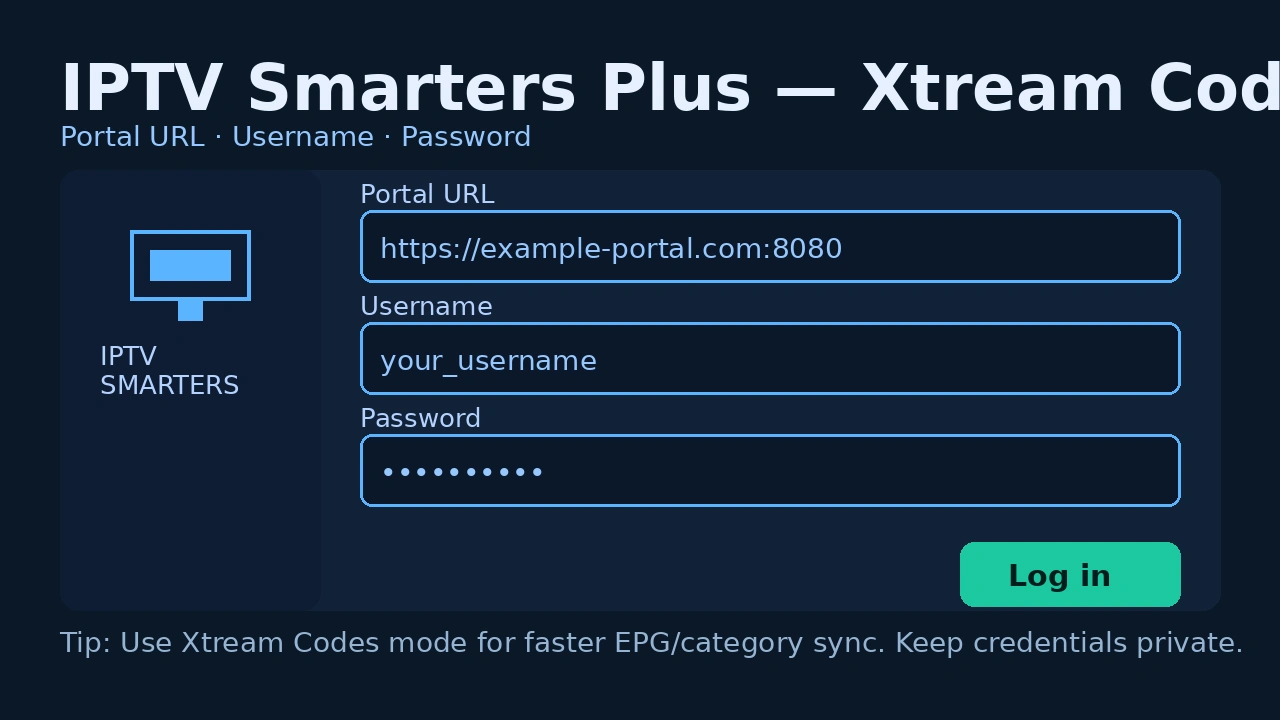 IPTV Smarters Plus login — Xtream Codes API portal URL, username and password