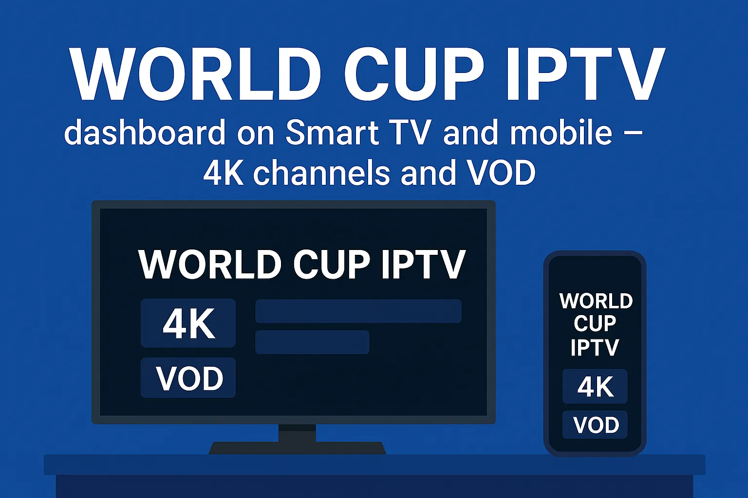 World Cup IPTV dashboard on Smart TV and mobile — 4K channels and VOD